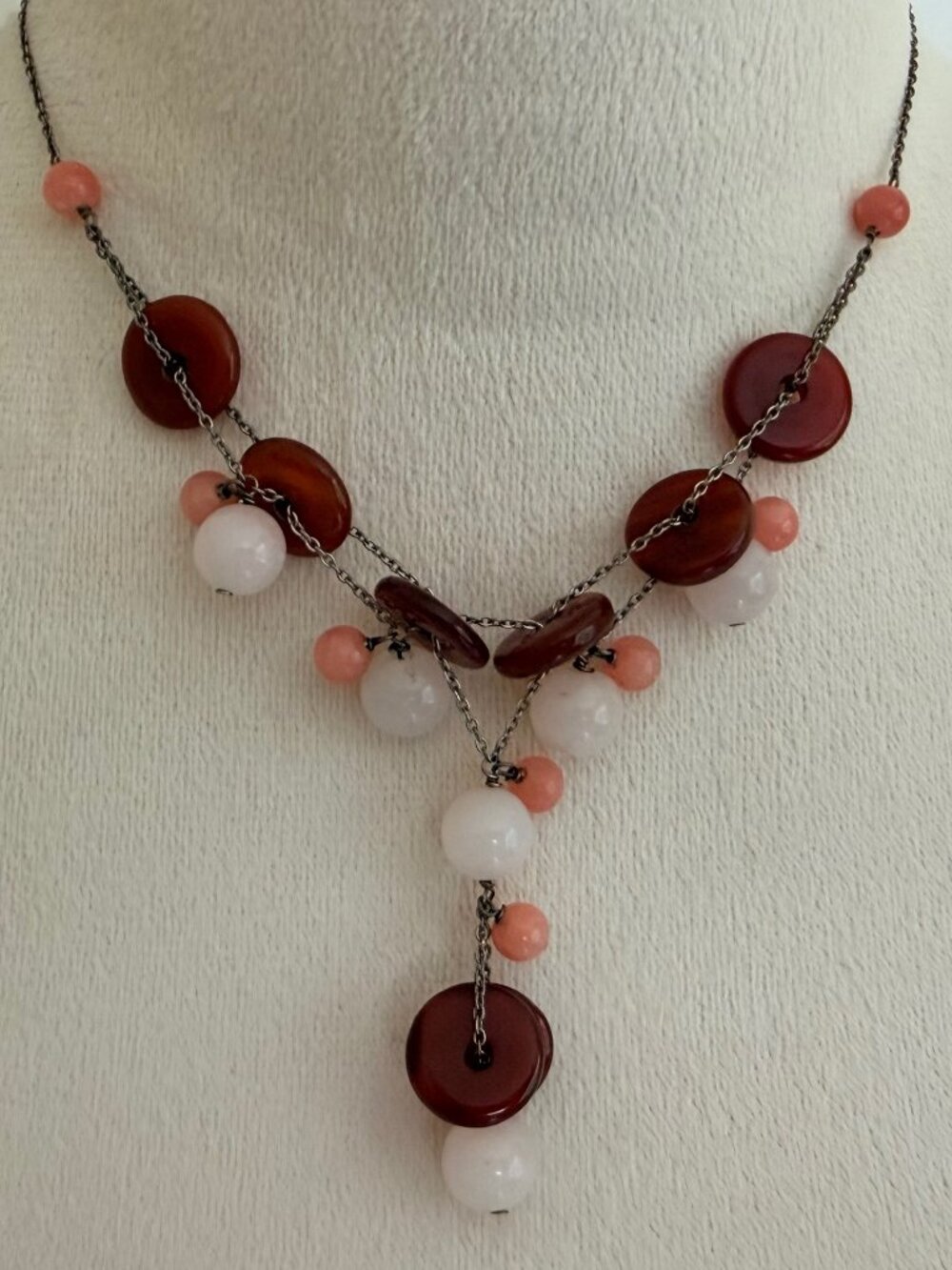 Vintage carnelian disc, rose quartz bead, sterling silver lariat style necklace
